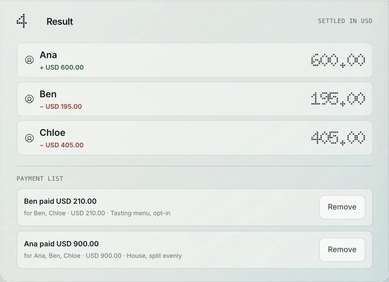 BillSmart result panel showing an evenly split accommodation cost alongside an opt-in dinner charged to two people.