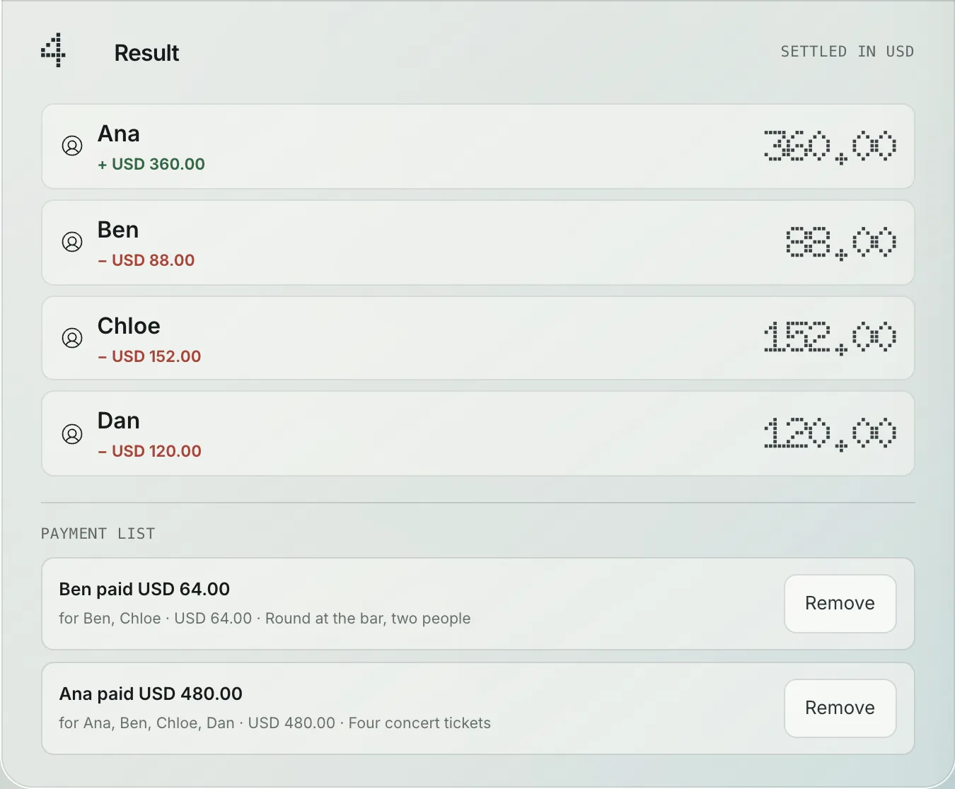 BillSmart result panel showing four event tickets bought by one person and a bar round covering two people.