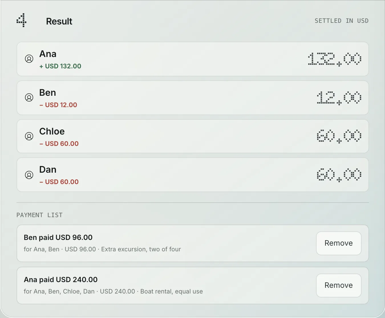 BillSmart result panel showing an evenly split boat rental and a two-person excursion.