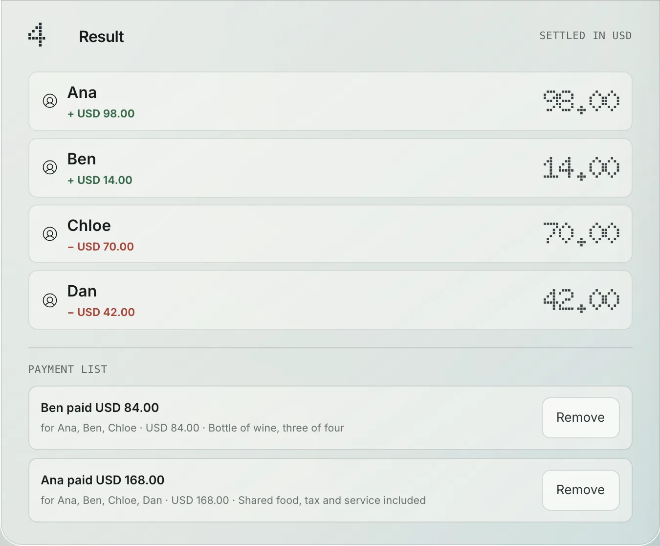 BillSmart result panel showing shared food split four ways and a bottle of wine split between three of the four.