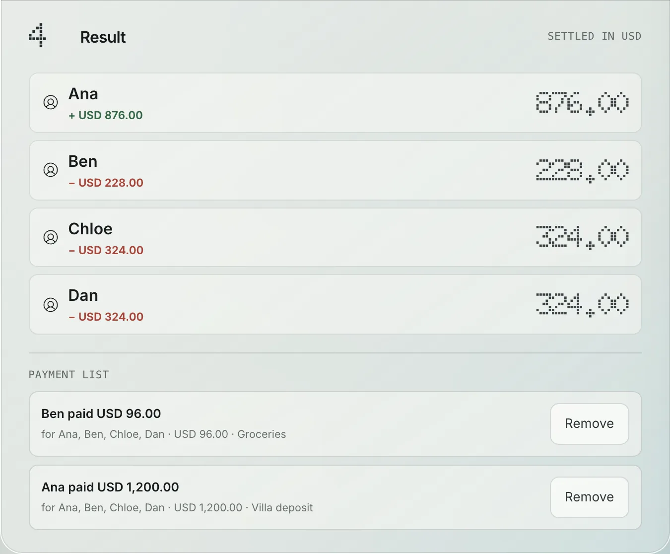 BillSmart result panel showing a large villa deposit paid by one person and a small grocery bill paid by another.